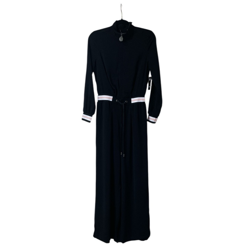 Guess Jumpsuit XS Black Zip Front Wide Leg Long Sleeve Stripe Trim Athleisure
